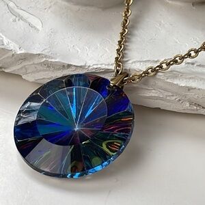 Vintage Gold Tone 24” Chain with Large Blue Glass Jewel Pendant